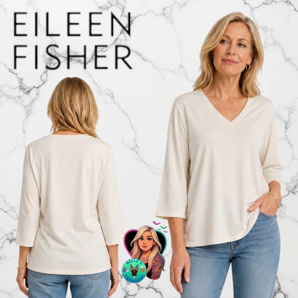 Eileen Fisher Womens Medium Fine‎ Tencel Jersey V-Neck Top Bone Bell Sleeve $138